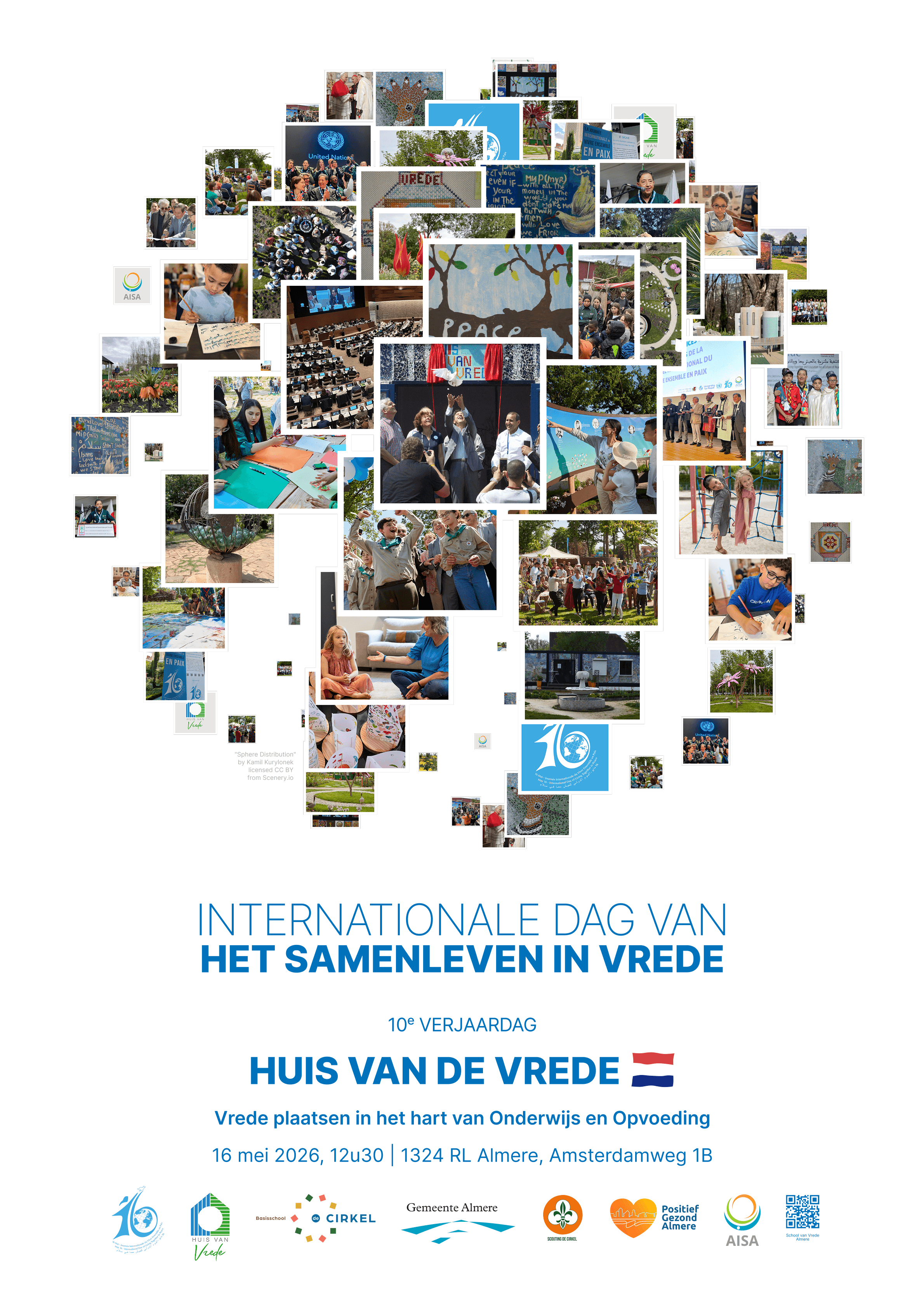 Flyer Internationale Dag van het Samenleven in Vrede — 16 mei 2026, Huis van Vrede Almere